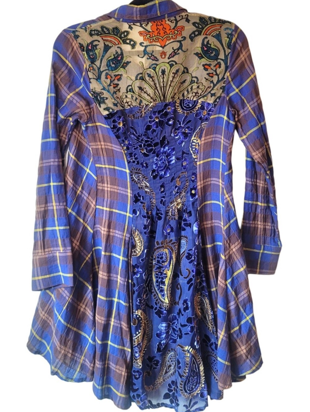 Aratta Silent Journey Plaid Blue and Brown Velvet Panel Women's Tunic Size S